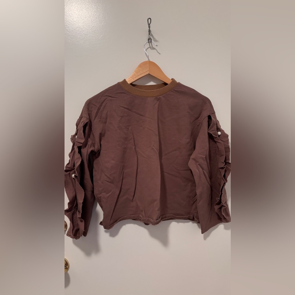 New Korean Brown Khaki crew neck sweater cotton blouse with ruffle sleeves